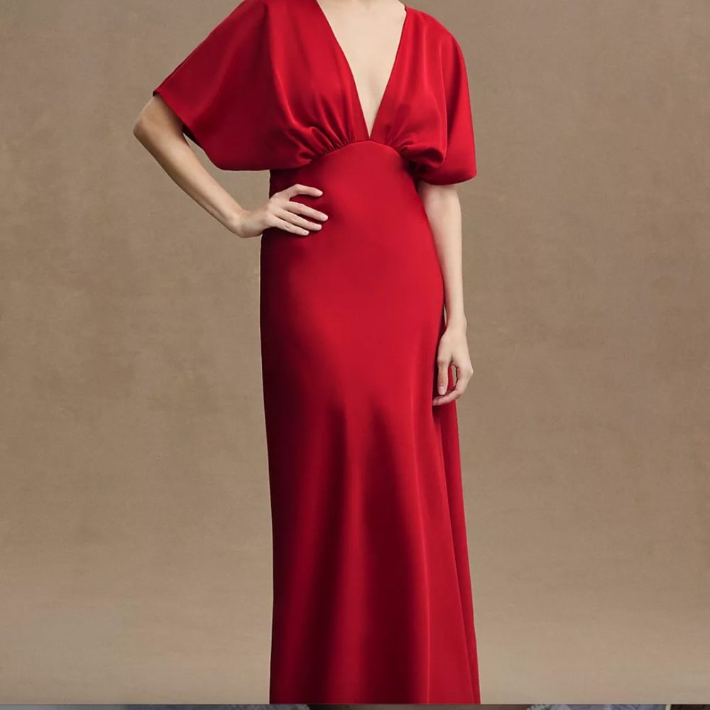 BHLDN Leila Deep-V Flutter-Sleeve Satin A-Line Gown